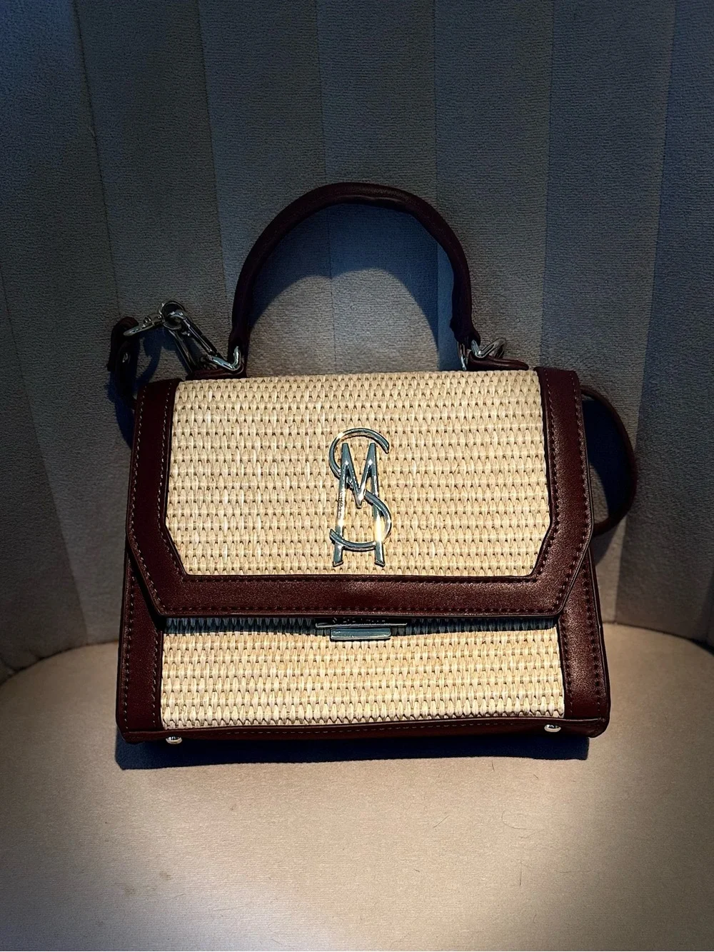Steve Madden Cream Woven Satchel with Brown Trim
